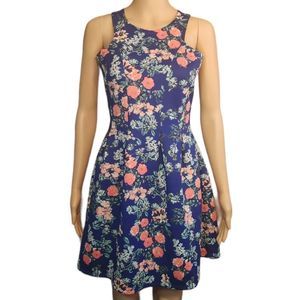 Pink Rose Dress Skater Blue floral design Womens Size Small